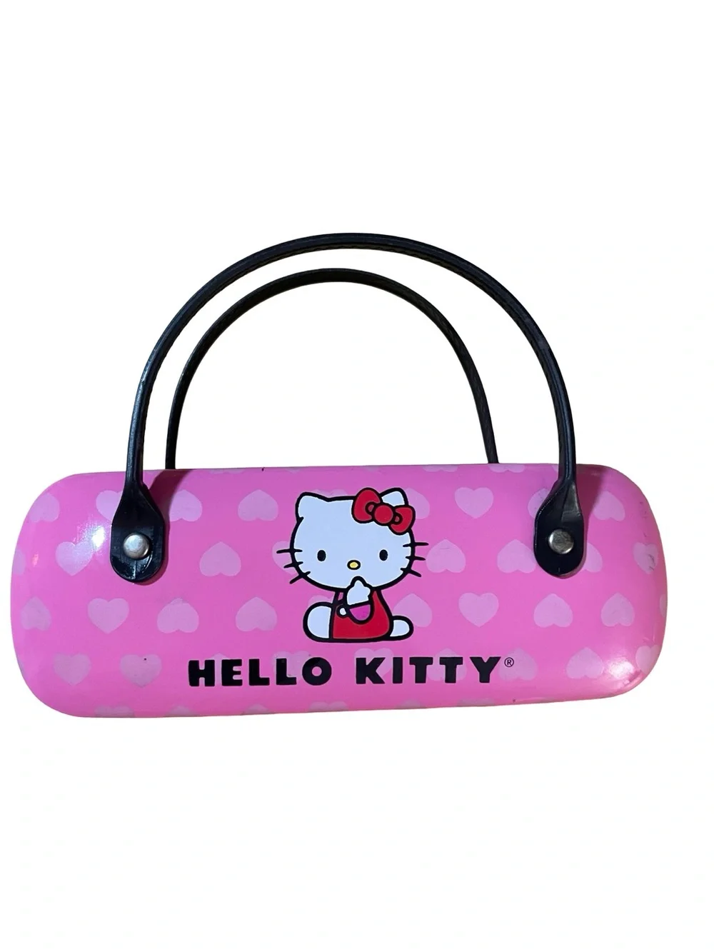Hello Kitty pink hard eyeglasses case hearts black handles Calvin Klein cloth